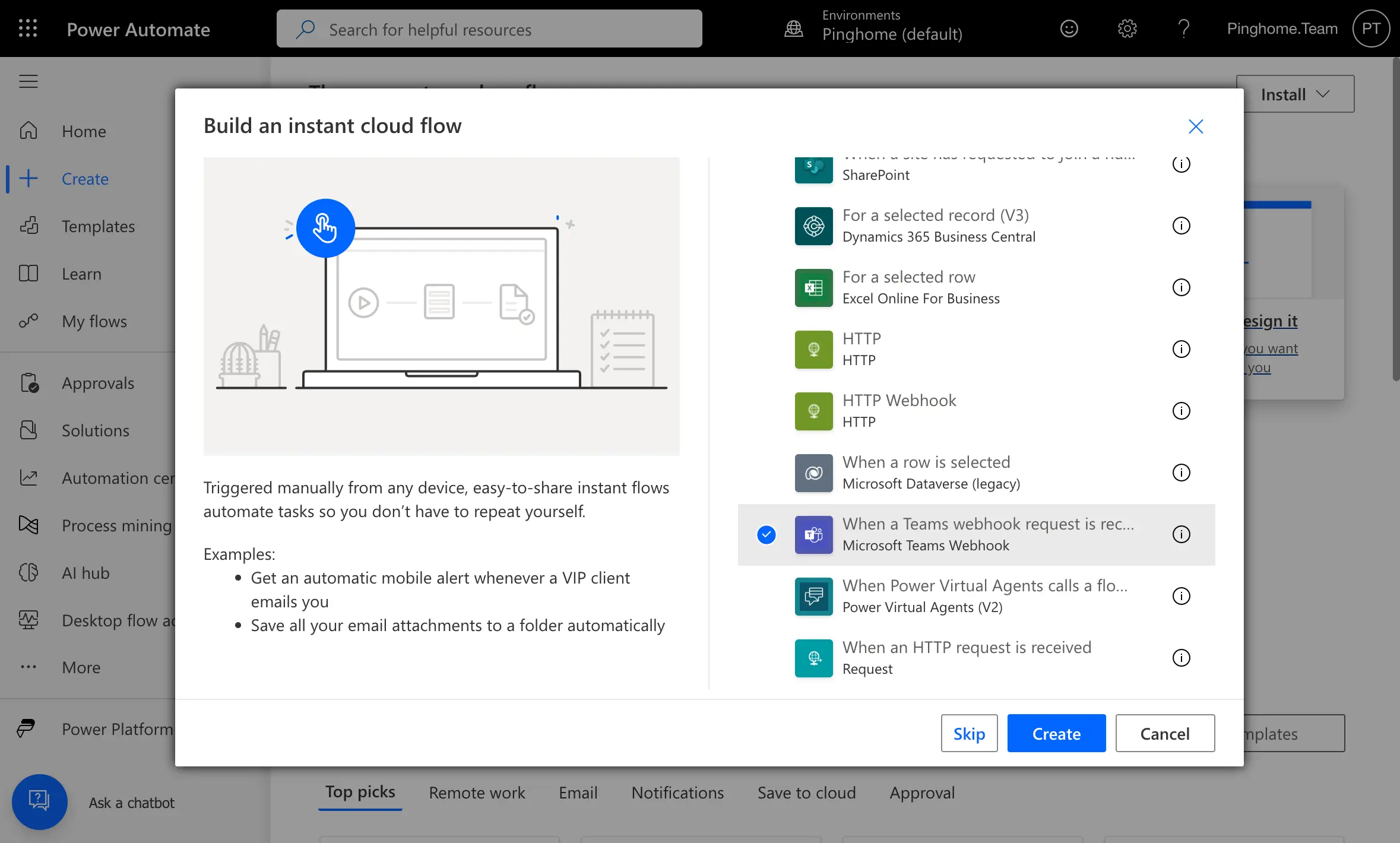 Step 2: Create Flow and Choose Webhook Trigger
